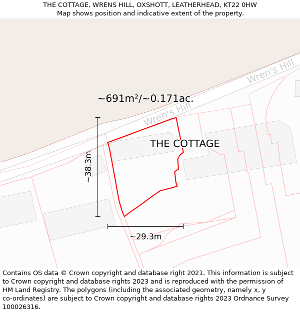 THE COTTAGE, WRENS HILL, OXSHOTT, LEATHERHEAD, KT22 0HW: Plot and title map