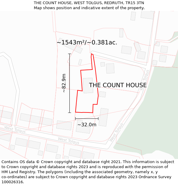THE COUNT HOUSE, WEST TOLGUS, REDRUTH, TR15 3TN: Plot and title map
