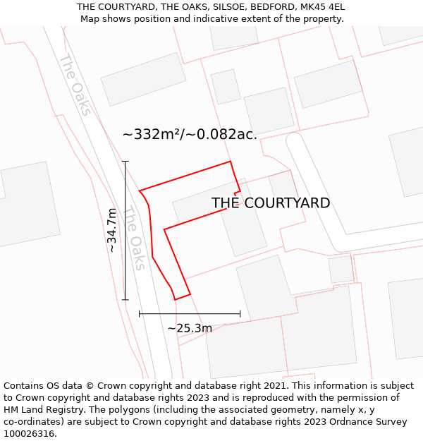 THE COURTYARD, THE OAKS, SILSOE, BEDFORD, MK45 4EL: Plot and title map