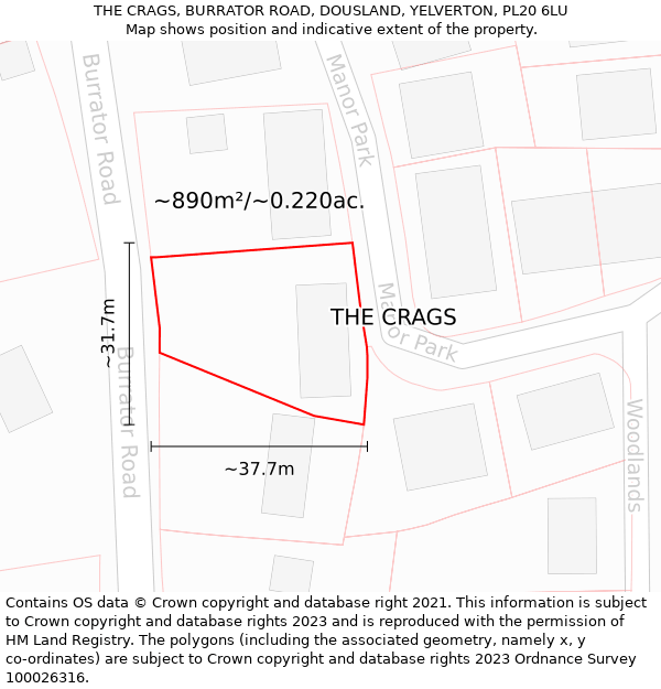 THE CRAGS, BURRATOR ROAD, DOUSLAND, YELVERTON, PL20 6LU: Plot and title map