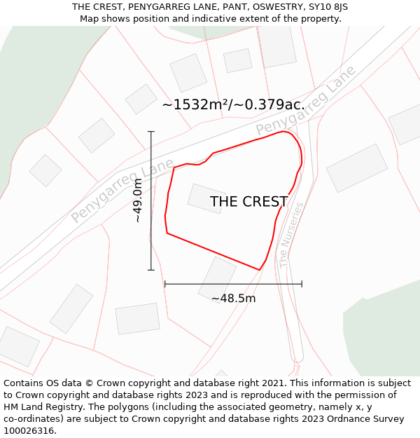 THE CREST, PENYGARREG LANE, PANT, OSWESTRY, SY10 8JS: Plot and title map