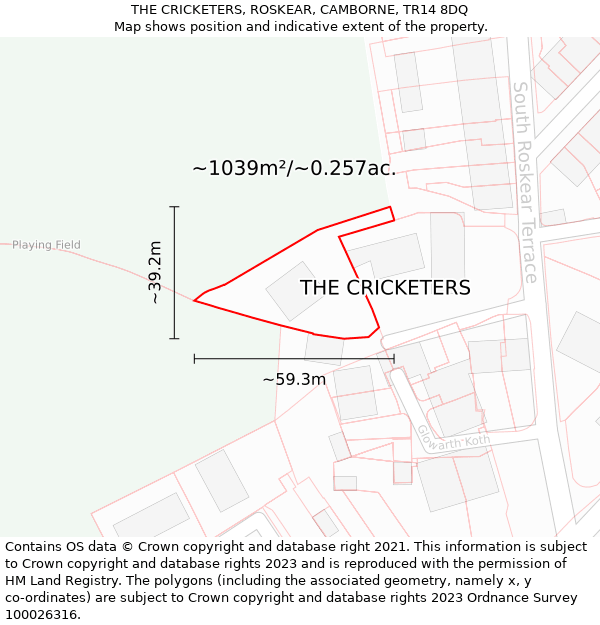 THE CRICKETERS, ROSKEAR, CAMBORNE, TR14 8DQ: Plot and title map