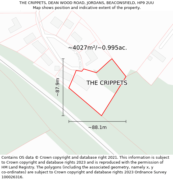 THE CRIPPETS, DEAN WOOD ROAD, JORDANS, BEACONSFIELD, HP9 2UU: Plot and title map