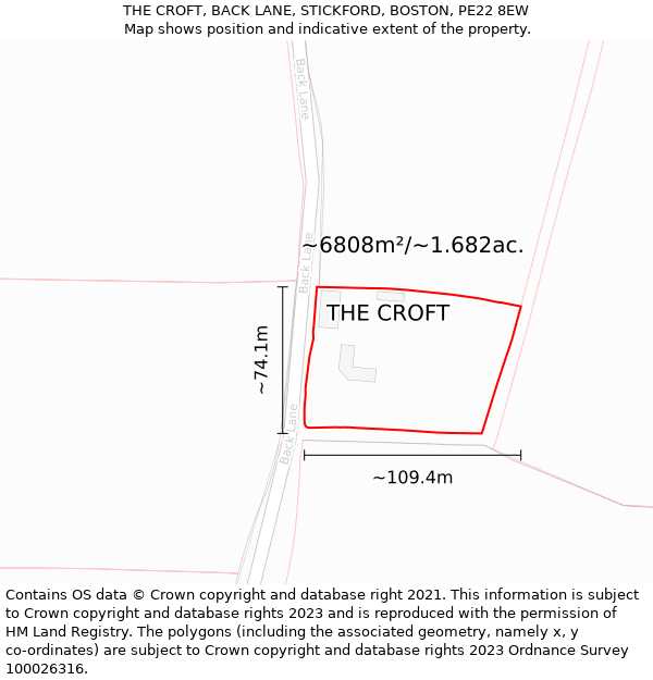 THE CROFT, BACK LANE, STICKFORD, BOSTON, PE22 8EW: Plot and title map