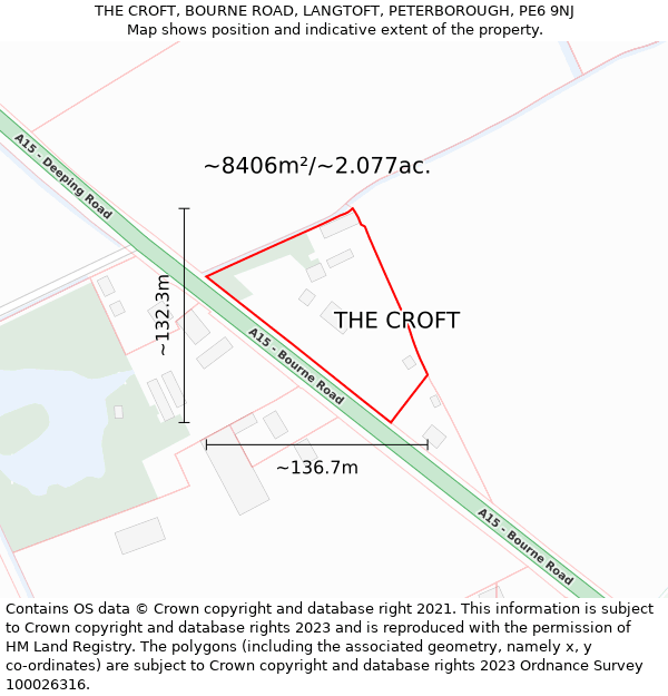 THE CROFT, BOURNE ROAD, LANGTOFT, PETERBOROUGH, PE6 9NJ: Plot and title map