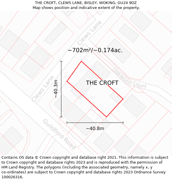 THE CROFT, CLEWS LANE, BISLEY, WOKING, GU24 9DZ: Plot and title map