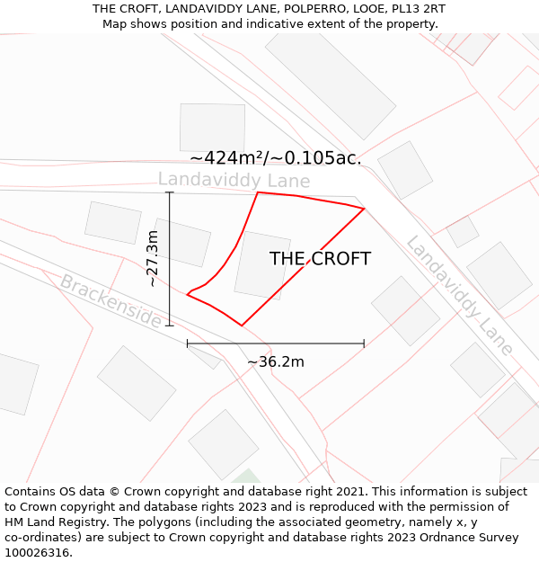 THE CROFT, LANDAVIDDY LANE, POLPERRO, LOOE, PL13 2RT: Plot and title map
