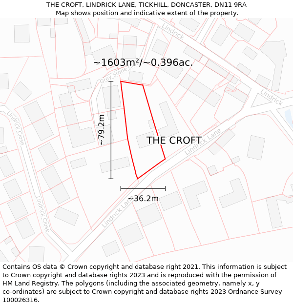 THE CROFT, LINDRICK LANE, TICKHILL, DONCASTER, DN11 9RA: Plot and title map