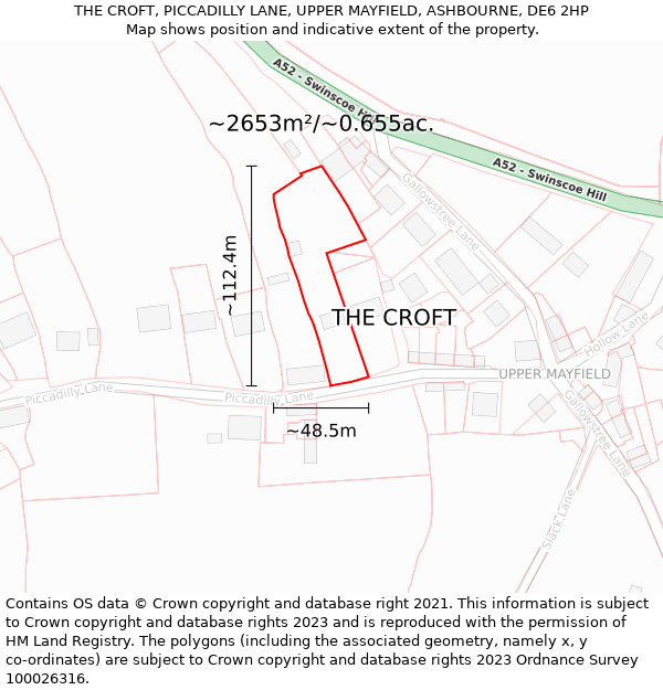 THE CROFT, PICCADILLY LANE, UPPER MAYFIELD, ASHBOURNE, DE6 2HP: Plot and title map