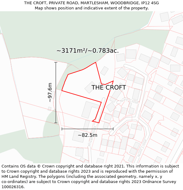 THE CROFT, PRIVATE ROAD, MARTLESHAM, WOODBRIDGE, IP12 4SG: Plot and title map