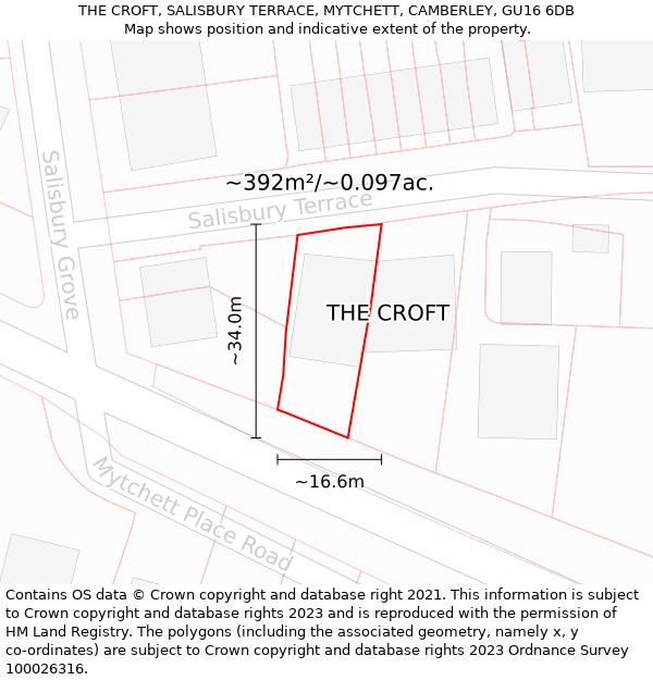 THE CROFT, SALISBURY TERRACE, MYTCHETT, CAMBERLEY, GU16 6DB: Plot and title map