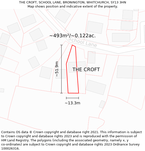 THE CROFT, SCHOOL LANE, BRONINGTON, WHITCHURCH, SY13 3HN: Plot and title map