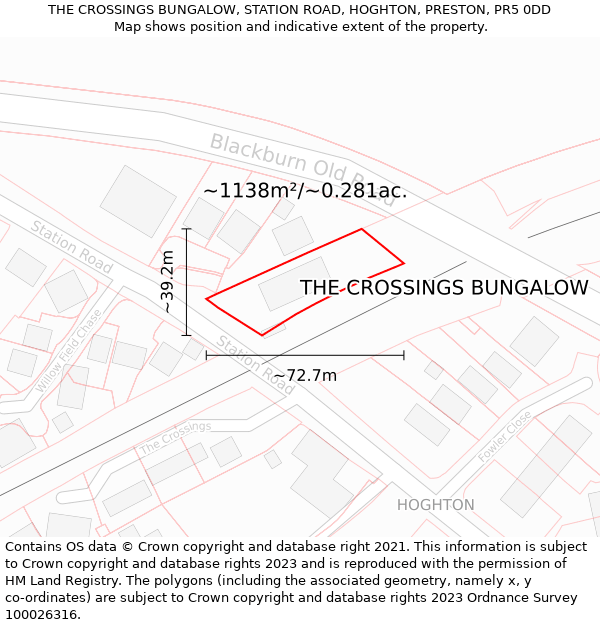 THE CROSSINGS BUNGALOW, STATION ROAD, HOGHTON, PRESTON, PR5 0DD: Plot and title map