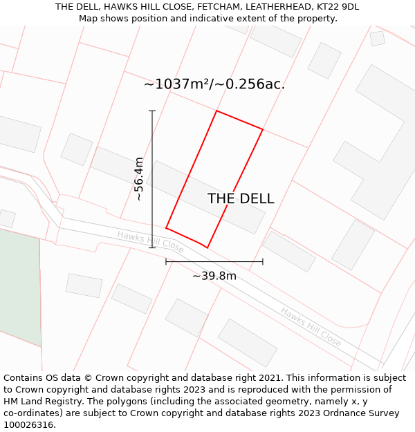 THE DELL, HAWKS HILL CLOSE, FETCHAM, LEATHERHEAD, KT22 9DL: Plot and title map