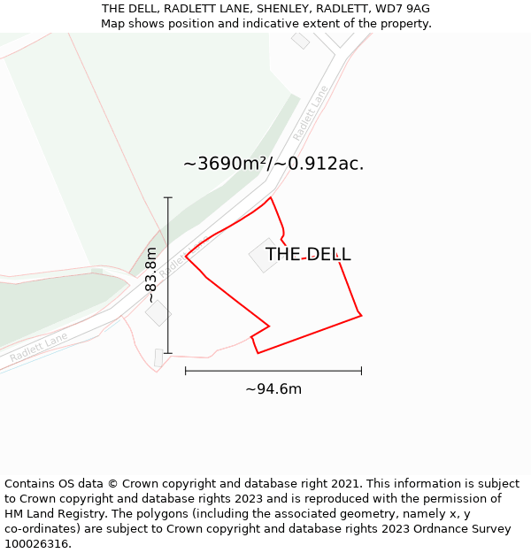 THE DELL, RADLETT LANE, SHENLEY, RADLETT, WD7 9AG: Plot and title map