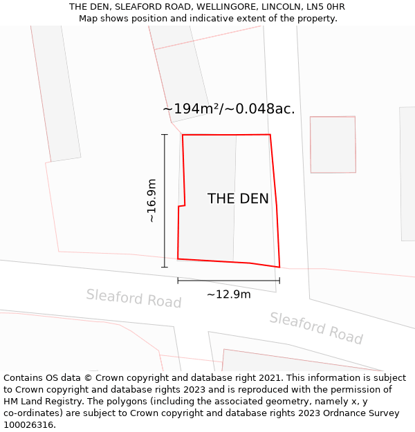 THE DEN, SLEAFORD ROAD, WELLINGORE, LINCOLN, LN5 0HR: Plot and title map