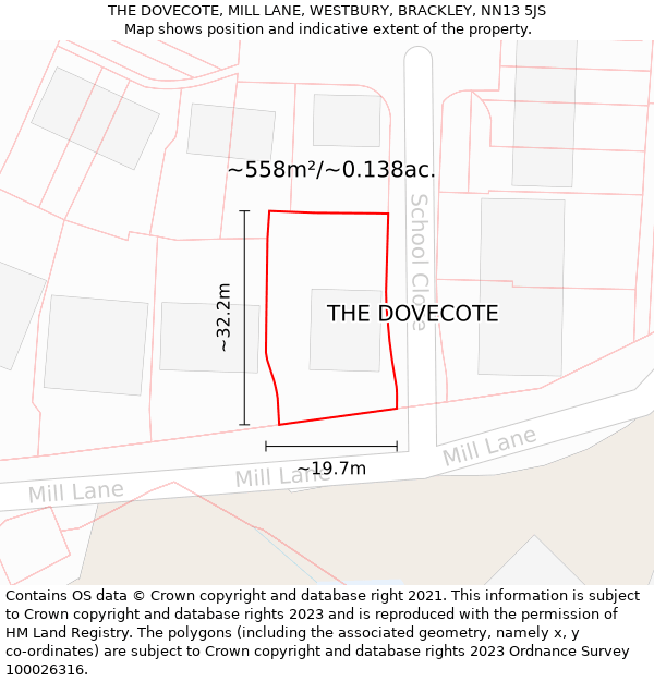 THE DOVECOTE, MILL LANE, WESTBURY, BRACKLEY, NN13 5JS: Plot and title map