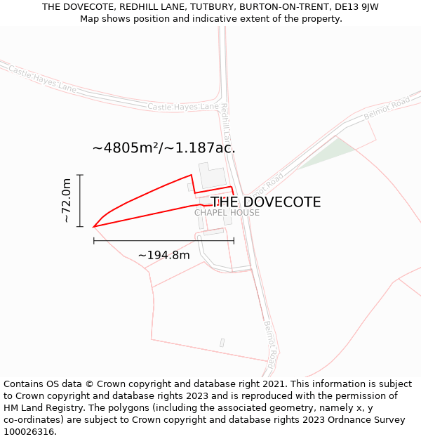 THE DOVECOTE, REDHILL LANE, TUTBURY, BURTON-ON-TRENT, DE13 9JW: Plot and title map