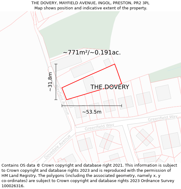 THE DOVERY, MAYFIELD AVENUE, INGOL, PRESTON, PR2 3PL: Plot and title map