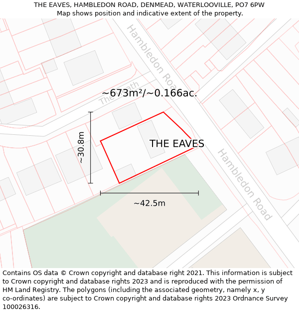 THE EAVES, HAMBLEDON ROAD, DENMEAD, WATERLOOVILLE, PO7 6PW: Plot and title map