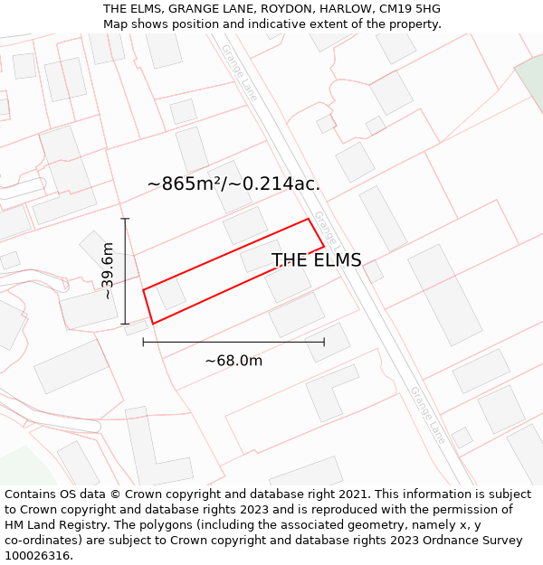 THE ELMS, GRANGE LANE, ROYDON, HARLOW, CM19 5HG: Plot and title map