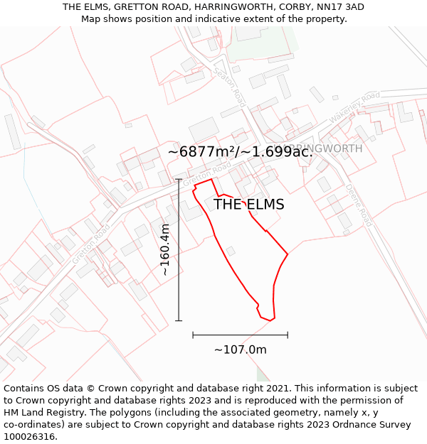 THE ELMS, GRETTON ROAD, HARRINGWORTH, CORBY, NN17 3AD: Plot and title map