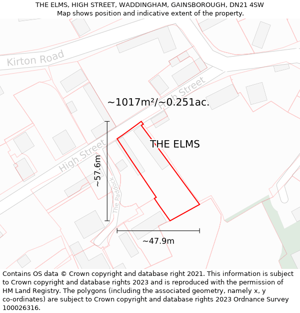 THE ELMS, HIGH STREET, WADDINGHAM, GAINSBOROUGH, DN21 4SW: Plot and title map