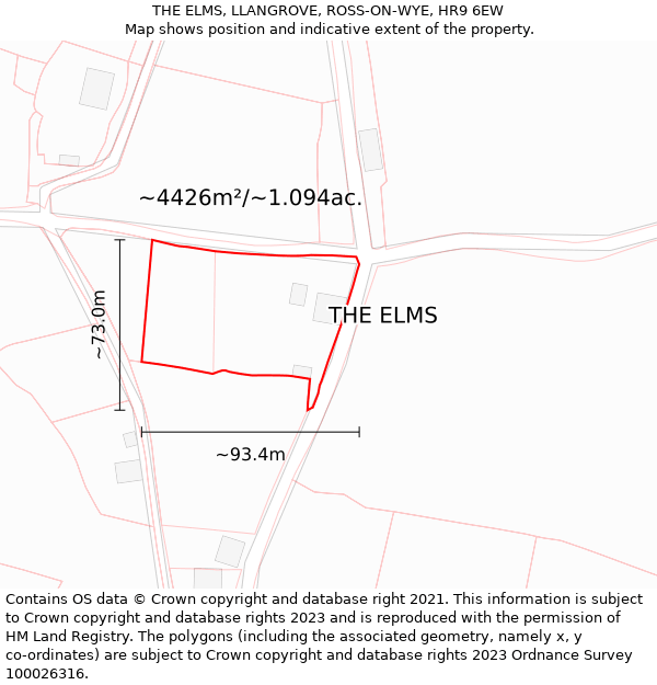 THE ELMS, LLANGROVE, ROSS-ON-WYE, HR9 6EW: Plot and title map