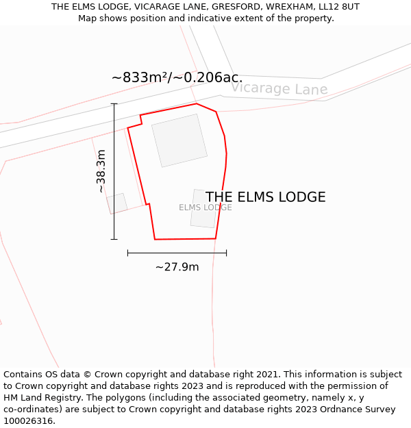 THE ELMS LODGE, VICARAGE LANE, GRESFORD, WREXHAM, LL12 8UT: Plot and title map