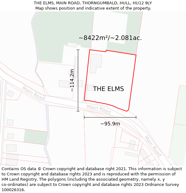 THE ELMS, MAIN ROAD, THORNGUMBALD, HULL, HU12 9LY: Plot and title map