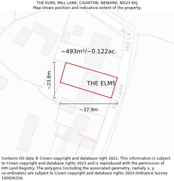 THE ELMS, MILL LANE, CAUNTON, NEWARK, NG23 6AJ: Plot and title map