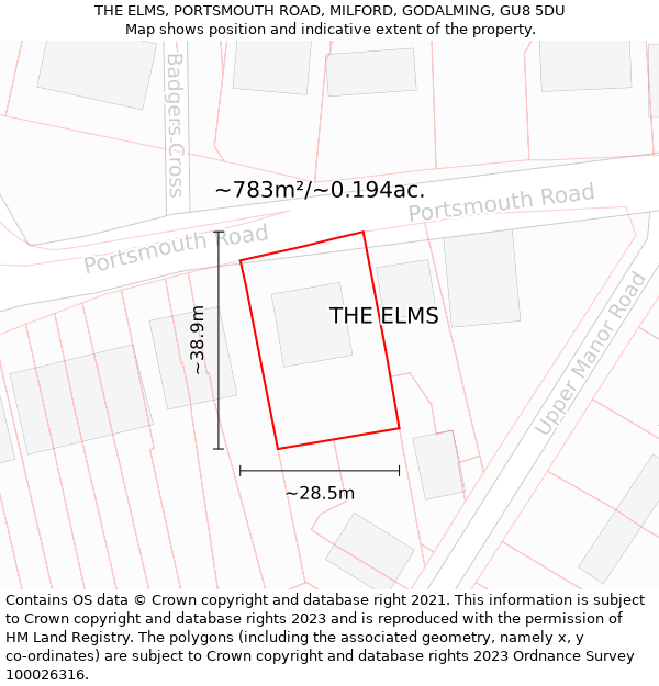 THE ELMS, PORTSMOUTH ROAD, MILFORD, GODALMING, GU8 5DU: Plot and title map