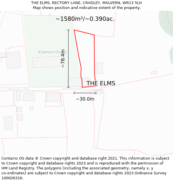 THE ELMS, RECTORY LANE, CRADLEY, MALVERN, WR13 5LH: Plot and title map