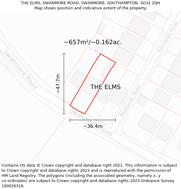 THE ELMS, SWANMORE ROAD, SWANMORE, SOUTHAMPTON, SO32 2QH: Plot and title map