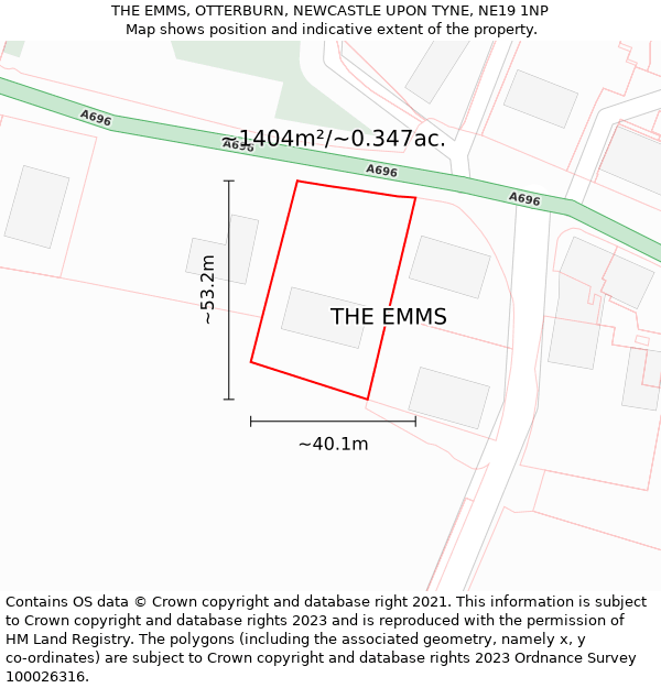 THE EMMS, OTTERBURN, NEWCASTLE UPON TYNE, NE19 1NP: Plot and title map