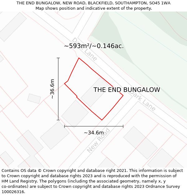 THE END BUNGALOW, NEW ROAD, BLACKFIELD, SOUTHAMPTON, SO45 1WA: Plot and title map