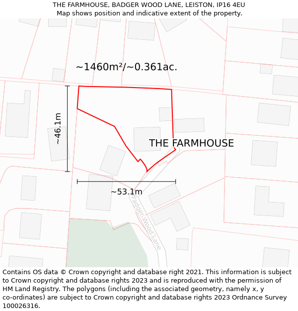 THE FARMHOUSE, BADGER WOOD LANE, LEISTON, IP16 4EU: Plot and title map