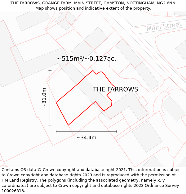 THE FARROWS, GRANGE FARM, MAIN STREET, GAMSTON, NOTTINGHAM, NG2 6NN: Plot and title map