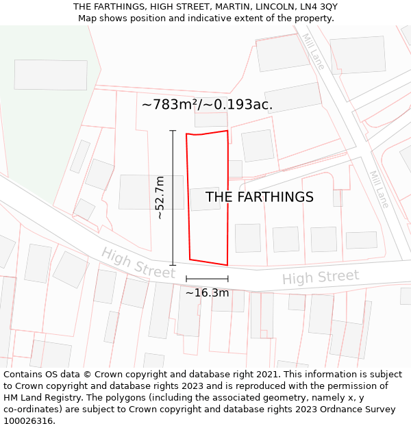 THE FARTHINGS, HIGH STREET, MARTIN, LINCOLN, LN4 3QY: Plot and title map