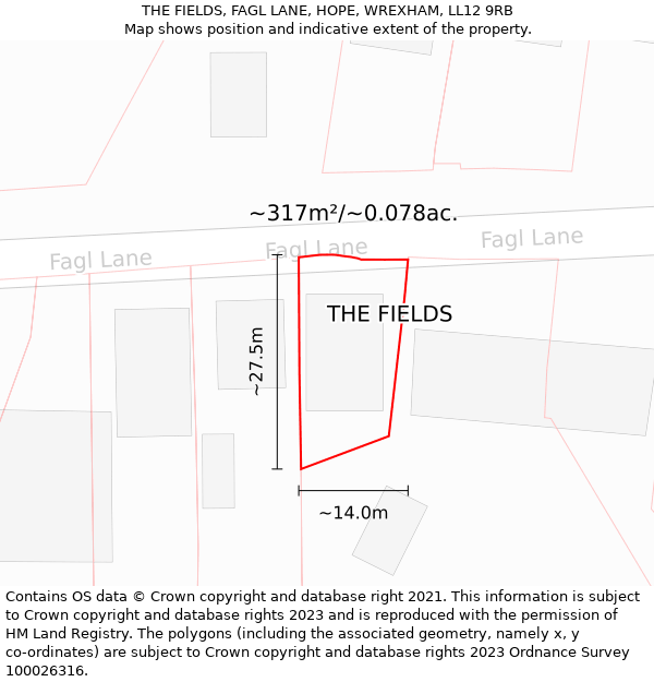 THE FIELDS, FAGL LANE, HOPE, WREXHAM, LL12 9RB: Plot and title map