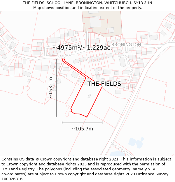 THE FIELDS, SCHOOL LANE, BRONINGTON, WHITCHURCH, SY13 3HN: Plot and title map