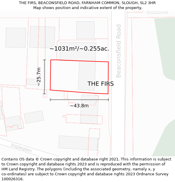THE FIRS, BEACONSFIELD ROAD, FARNHAM COMMON, SLOUGH, SL2 3HR: Plot and title map