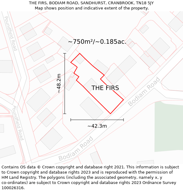 THE FIRS, BODIAM ROAD, SANDHURST, CRANBROOK, TN18 5JY: Plot and title map