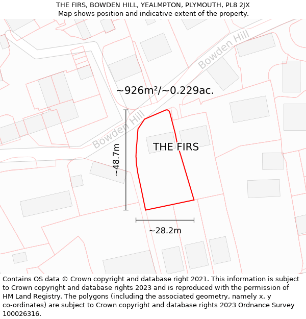 THE FIRS, BOWDEN HILL, YEALMPTON, PLYMOUTH, PL8 2JX: Plot and title map