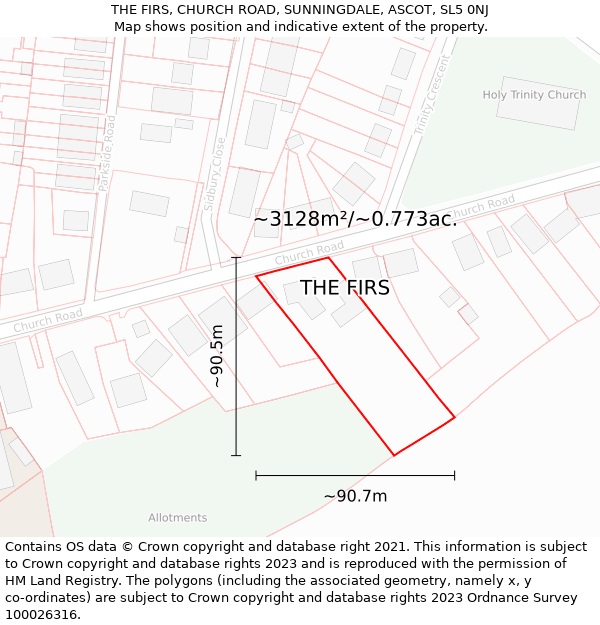 THE FIRS, CHURCH ROAD, SUNNINGDALE, ASCOT, SL5 0NJ: Plot and title map