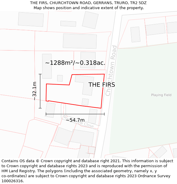 THE FIRS, CHURCHTOWN ROAD, GERRANS, TRURO, TR2 5DZ: Plot and title map