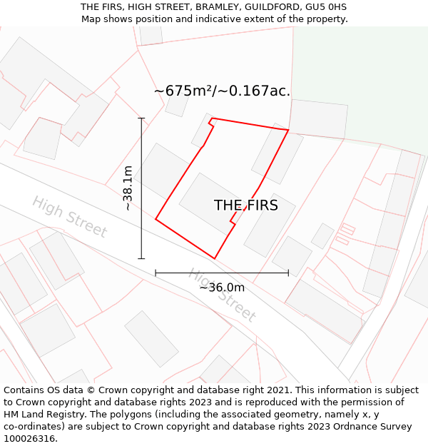 THE FIRS, HIGH STREET, BRAMLEY, GUILDFORD, GU5 0HS: Plot and title map