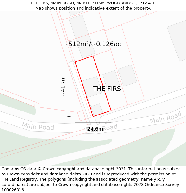 THE FIRS, MAIN ROAD, MARTLESHAM, WOODBRIDGE, IP12 4TE: Plot and title map