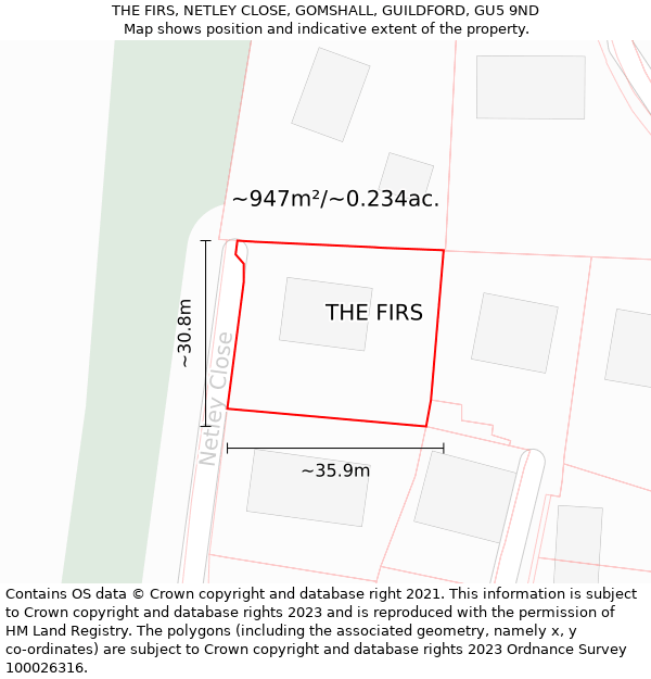 THE FIRS, NETLEY CLOSE, GOMSHALL, GUILDFORD, GU5 9ND: Plot and title map