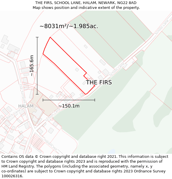 THE FIRS, SCHOOL LANE, HALAM, NEWARK, NG22 8AD: Plot and title map